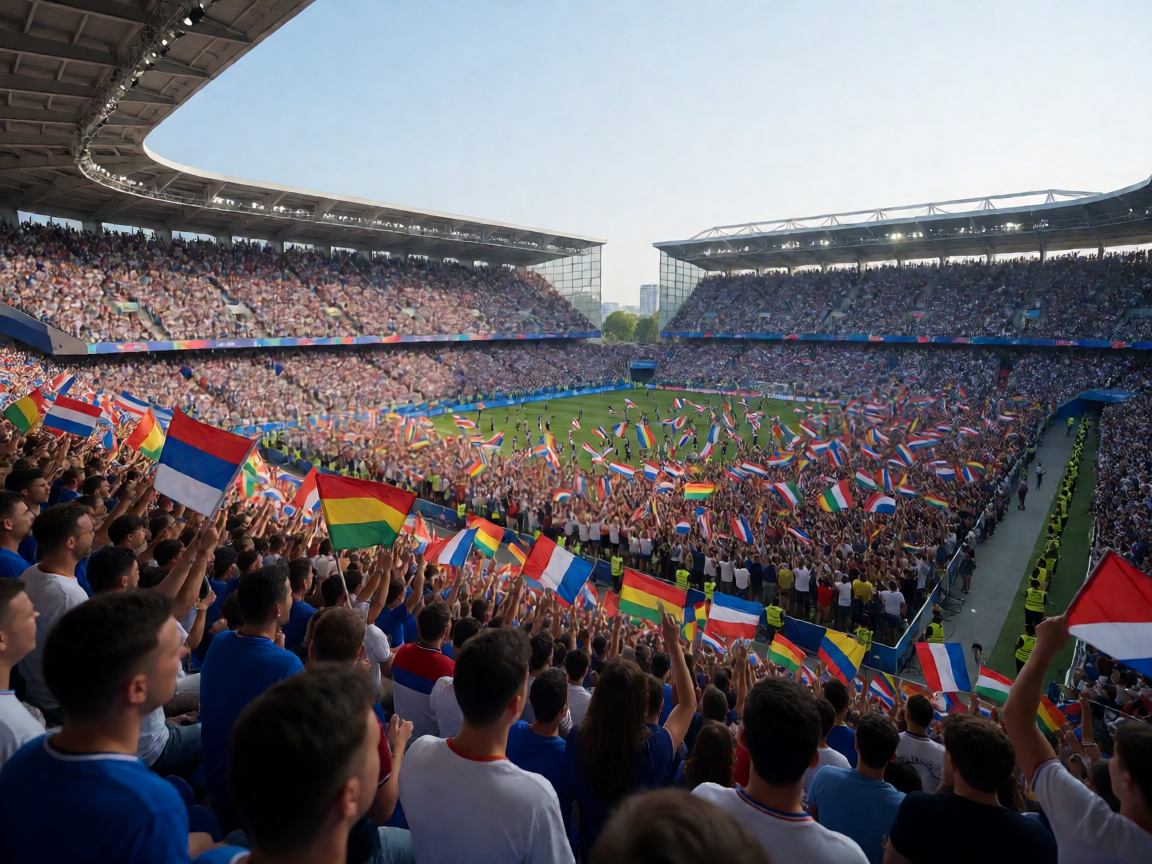 世界杯 stadium 全景，球迷在体育场内外聚集，气氛热烈